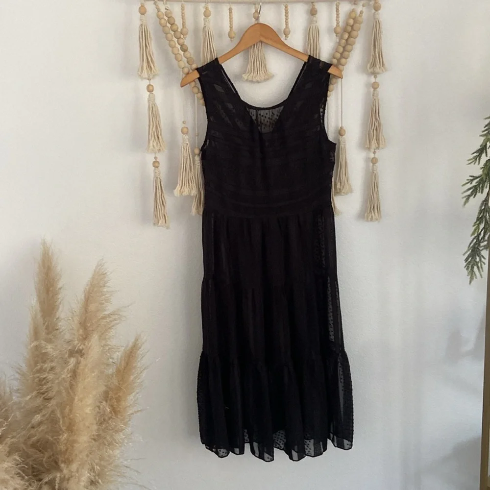J Crew black sheer midi dress sleeveless Swiss dot ruffle tier party medium